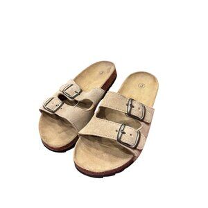 Tan Double Buckle Slide Sandals Faux Suede Upper Contoured Footbed Shoes Sz 3